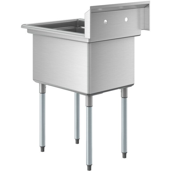 A stainless steel one compartment commercial sink with galvanized steel legs and a backsplash, featuring an 18 x 24 x 14 inch bowl.