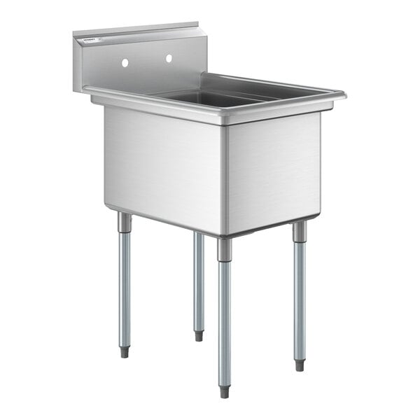 A stainless steel commercial sink with a deep rectangular basin, four metal legs, and a backsplash with two faucet holes.