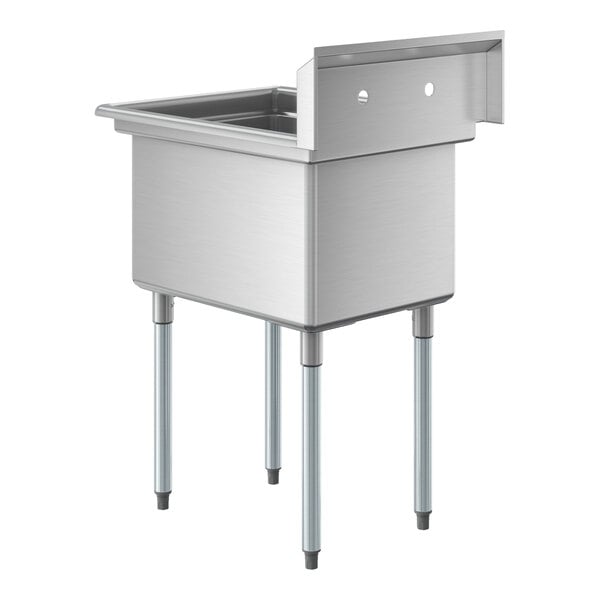 A stainless steel commercial sink with a deep rectangular basin, four metal legs, and a backsplash with two faucet holes.