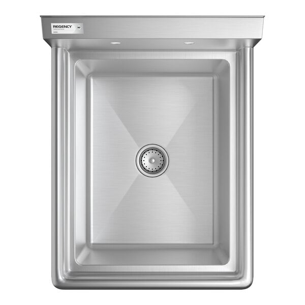 A top-down view of a rectangular stainless steel sink with a central drain and a backsplash panel.