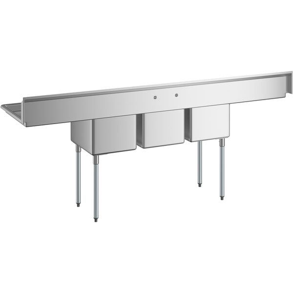 A stainless steel three-compartment commercial sink with two drainboards and galvanized steel legs.