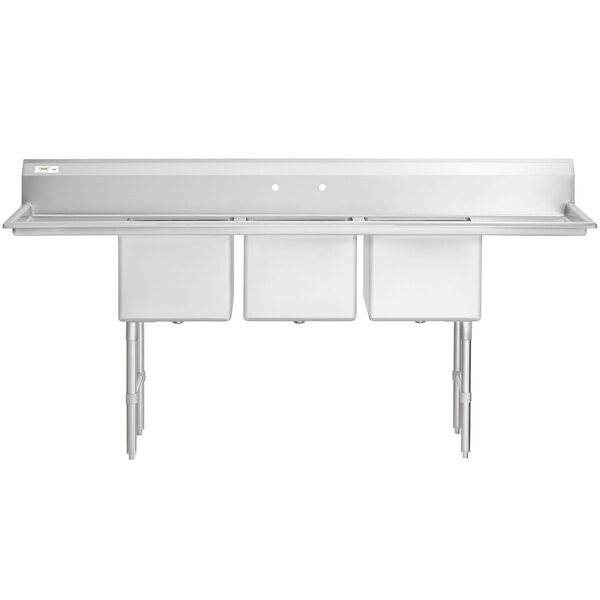 A large stainless steel three-compartment commercial sink with two drainboards, stainless steel legs, and cross bracing.