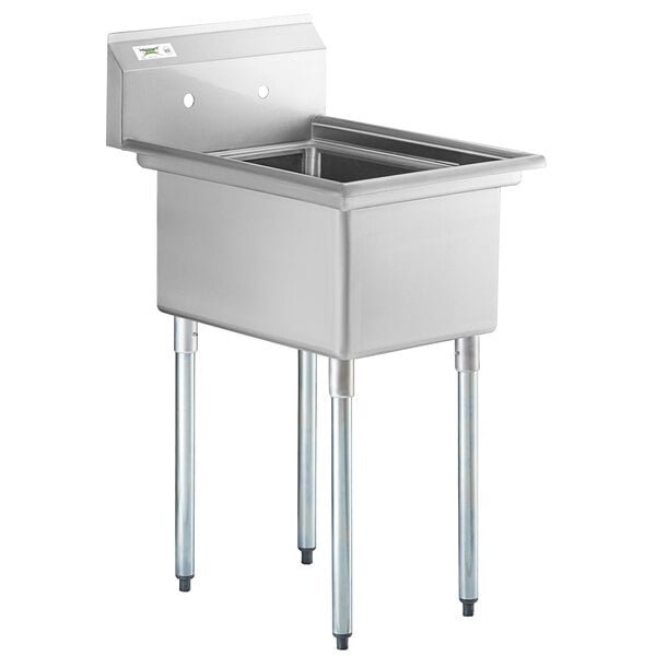 A stainless steel one-compartment commercial sink with galvanized steel legs and a deep rectangular bowl.