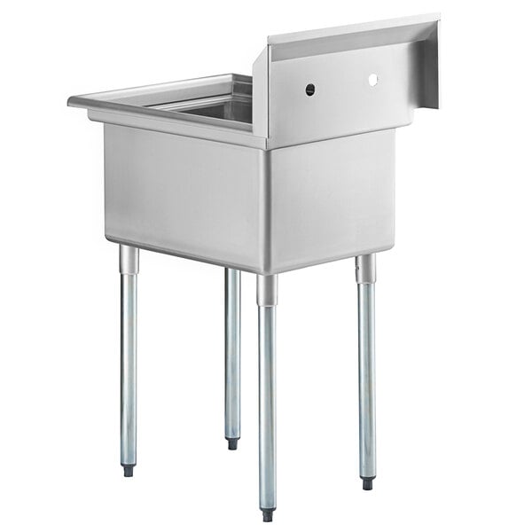 A stainless steel one-compartment commercial sink with galvanized steel legs and a backsplash, featuring a deep rectangular bowl.
