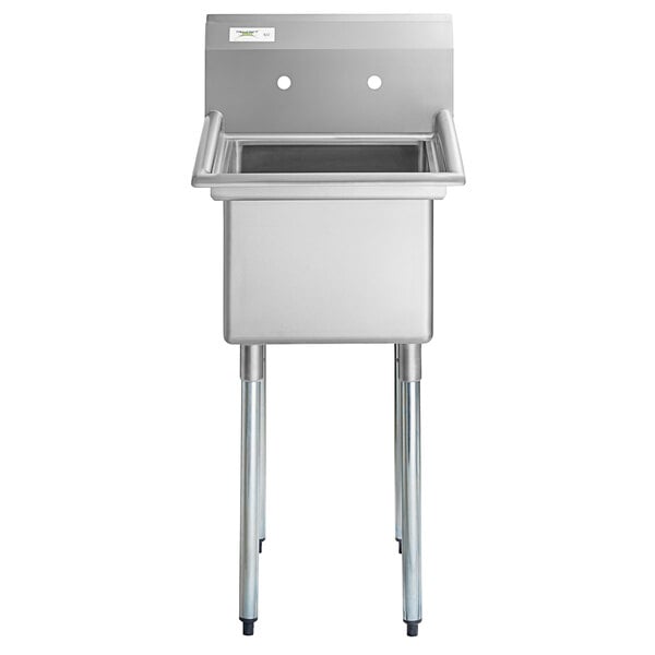 A stainless steel one compartment commercial sink with galvanized steel legs and a deep rectangular bowl.