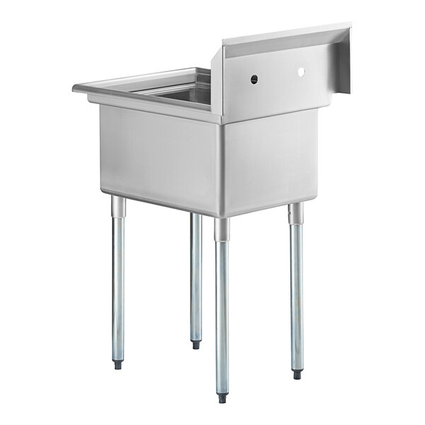 A stainless steel sink with a single deep basin, four metal legs, and a backsplash with faucet holes.