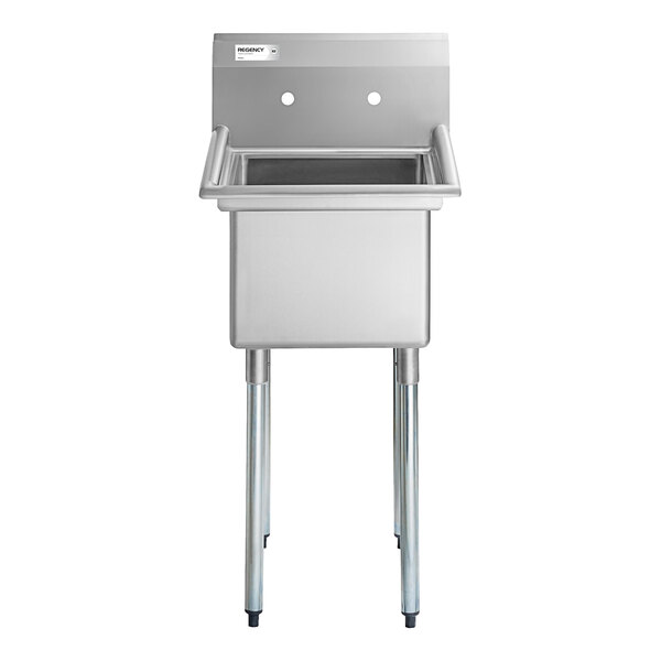 A stainless steel sink with a deep rectangular basin, two faucet holes, and four metal legs.