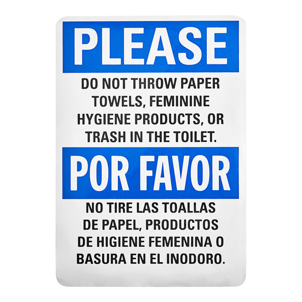 A bilingual safety label instructing not to throw paper towels, feminine hygiene products, or trash in the toilet, in both English and Spanish.
