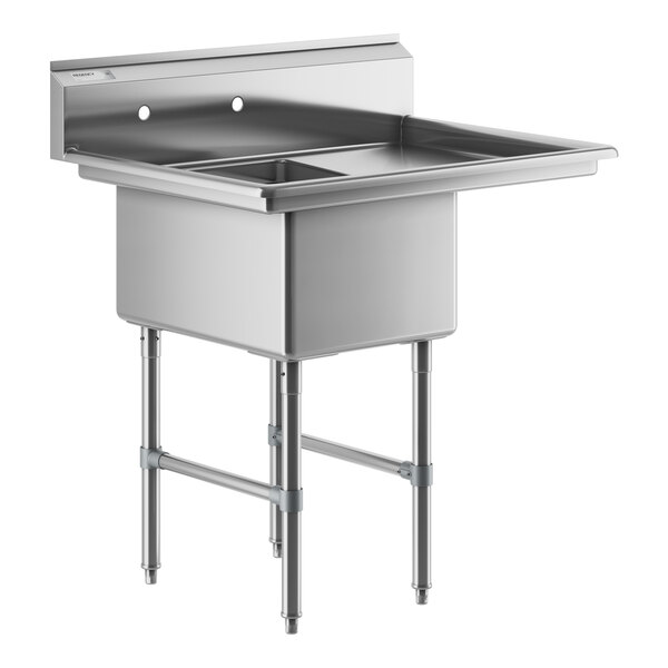 A stainless steel commercial sink with one compartment, an 18-inch right drainboard, and stainless steel legs with cross bracing.