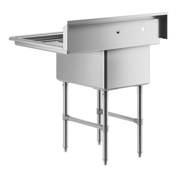 A stainless steel one compartment commercial sink with an 18-inch right drainboard, stainless steel legs, and cross bracing.