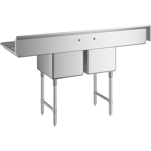 A stainless steel two compartment commercial sink with two drainboards, stainless steel legs, and cross bracing.