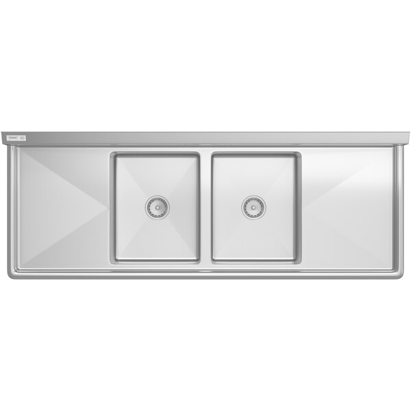 A large stainless steel commercial sink with two square compartments and two integrated drainboards.