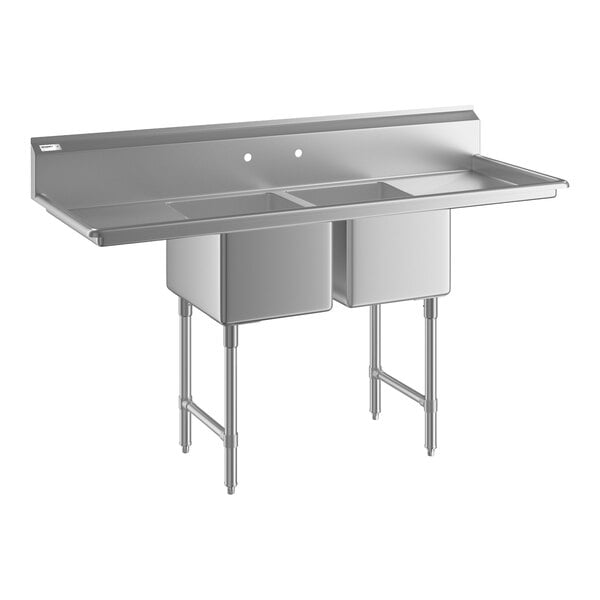 Regency 70" Two Compartment Commercial Sink with Stainless Steel Legs, Cross Bracing, Two 18" Drainboards, and 16" x 20" x 12" Sink Bowls