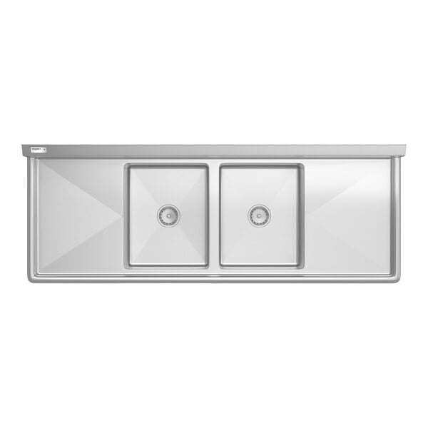 Regency 70" Two Compartment Commercial Sink with Stainless Steel Legs, Cross Bracing, Two 18" Drainboards, and 16" x 20" x 12" Sink Bowls