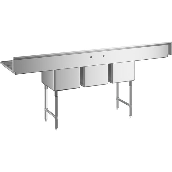 A large stainless steel three compartment commercial sink with two 24-inch drainboards, stainless steel legs, and cross bracing.