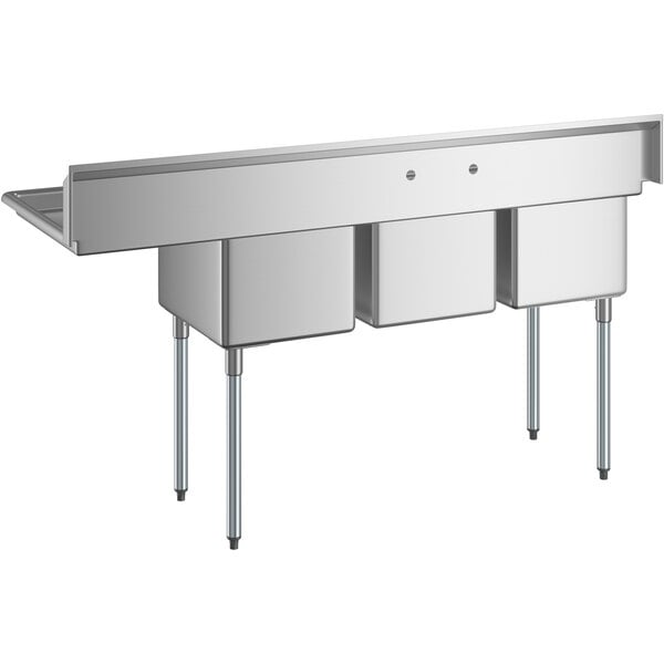 A stainless steel three compartment commercial sink with an 18-inch right drainboard and galvanized steel legs.