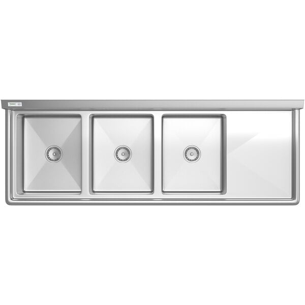 A stainless steel three-compartment commercial sink with an 18-inch right drainboard.