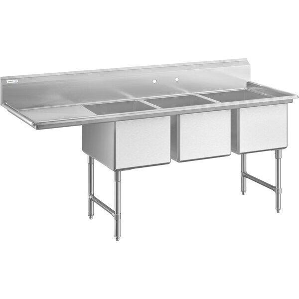 A large stainless steel three-compartment commercial sink with a left-side drainboard, stainless steel legs, and cross bracing.
