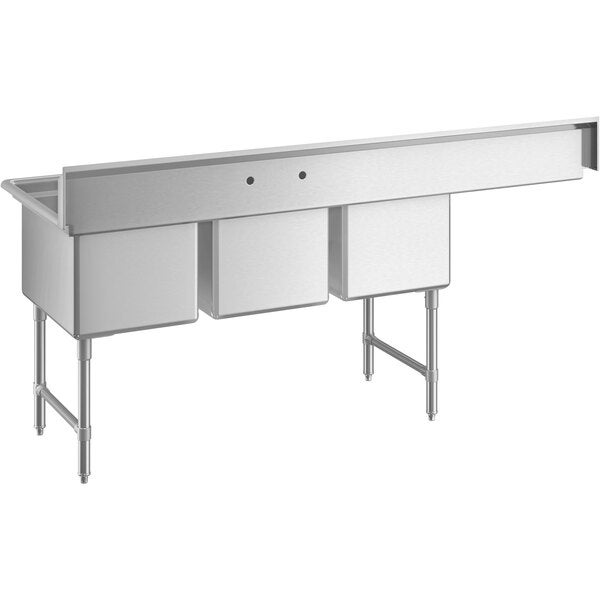 A large stainless steel three-compartment commercial sink with a 24-inch left drainboard, stainless steel legs, and cross bracing.