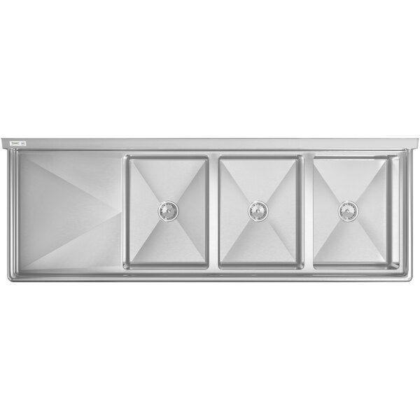 A large stainless steel commercial sink with three compartments and a left-side drainboard.