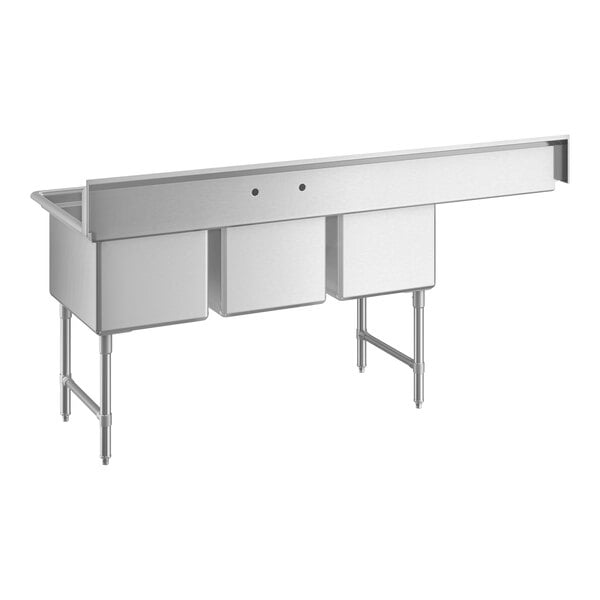 A large stainless steel three-compartment sink with a left-side drainboard, supported by metal legs and cross bracing.