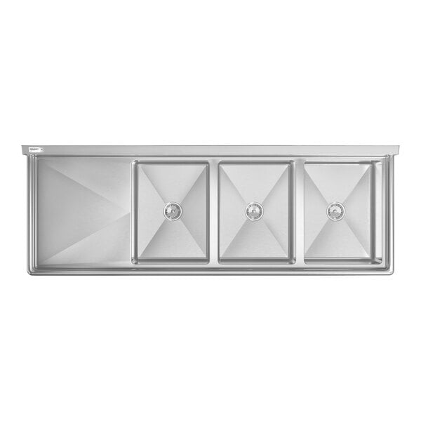 A stainless steel commercial sink with three compartments and a left-side drainboard, viewed from above.