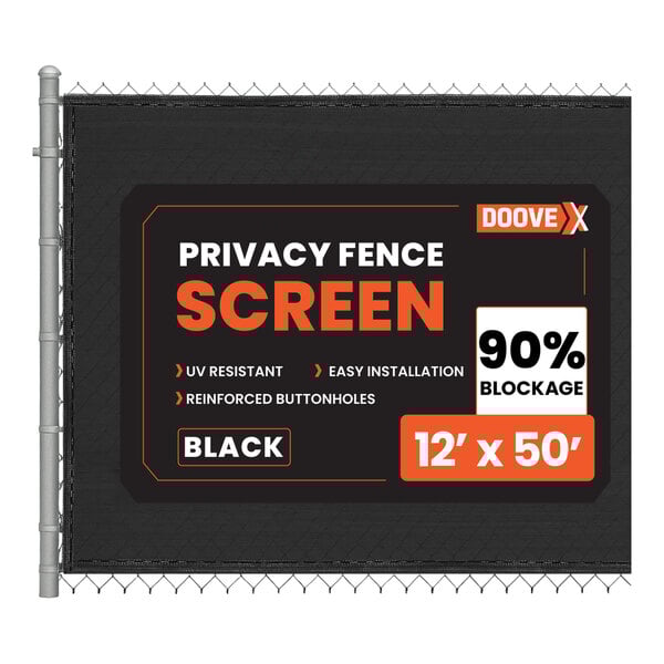 A black polyethylene mesh privacy fence screen measuring 12 feet by 50 feet.