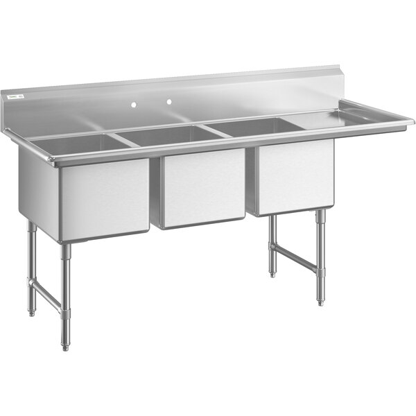 A stainless steel three compartment commercial sink with an 18-inch right drainboard, stainless steel legs, and cross bracing.