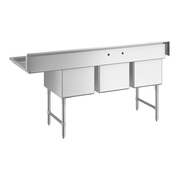 A stainless steel three-compartment commercial sink with an attached right-side drainboard and sturdy legs with cross bracing.
