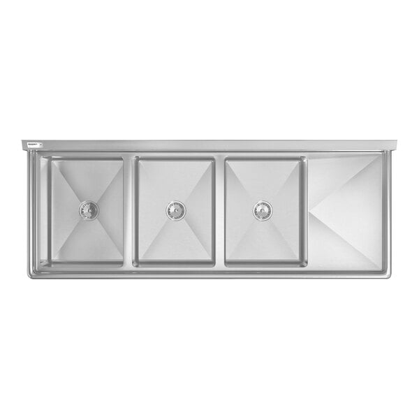 A top-down view of a stainless steel commercial sink with three rectangular compartments and a drainboard on the right side.