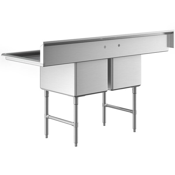 A large stainless steel two-compartment commercial sink with two drainboards, stainless steel legs, and cross bracing.