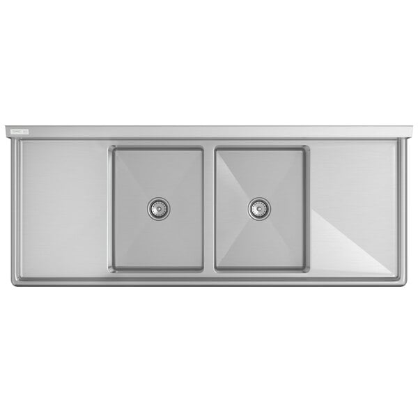 A stainless steel two-compartment commercial sink with two drainboards and cross bracing.