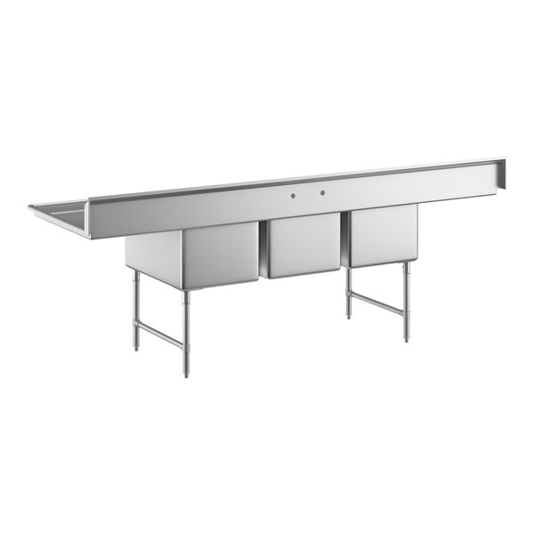 A large stainless steel sink unit with three deep basins, two side drainboards, and sturdy metal legs with cross bracing.