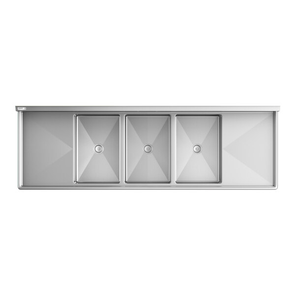 A top-down view of a large stainless steel sink with three rectangular basins and two drainboards on either side.