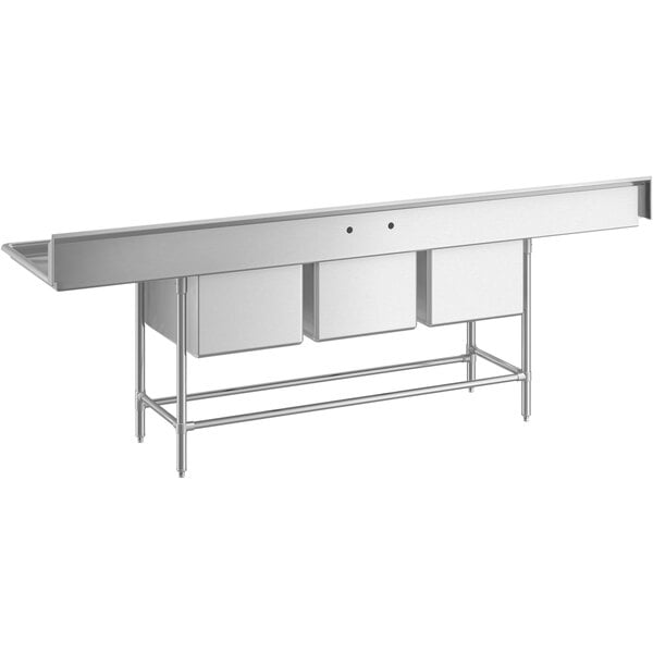 A large stainless steel three-compartment commercial sink with two drainboards, stainless steel legs, and cross bracing.