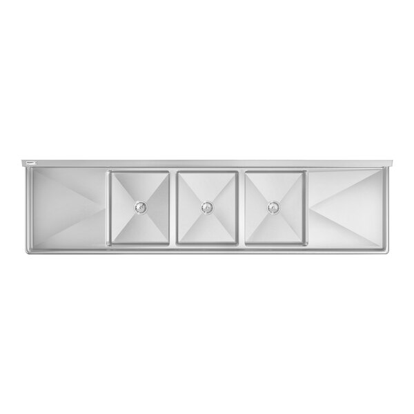 A top-down view of a long, rectangular stainless steel sink with three square compartments in the center and two angled drainboards on each end.