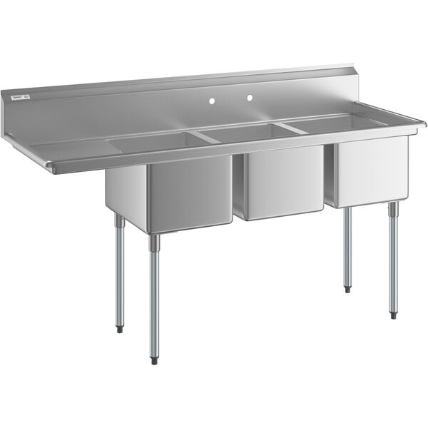 A stainless steel three compartment commercial sink with an 18-inch left drainboard and galvanized steel legs.