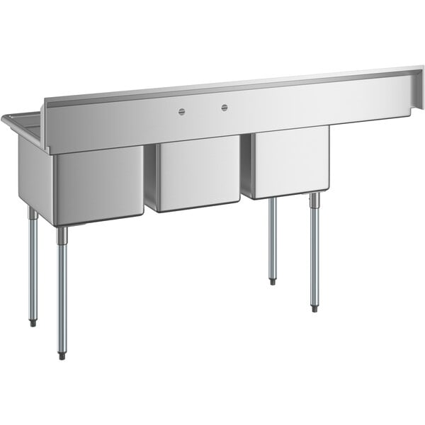 A stainless steel three compartment commercial sink with an 18-inch left drainboard and galvanized steel legs.
