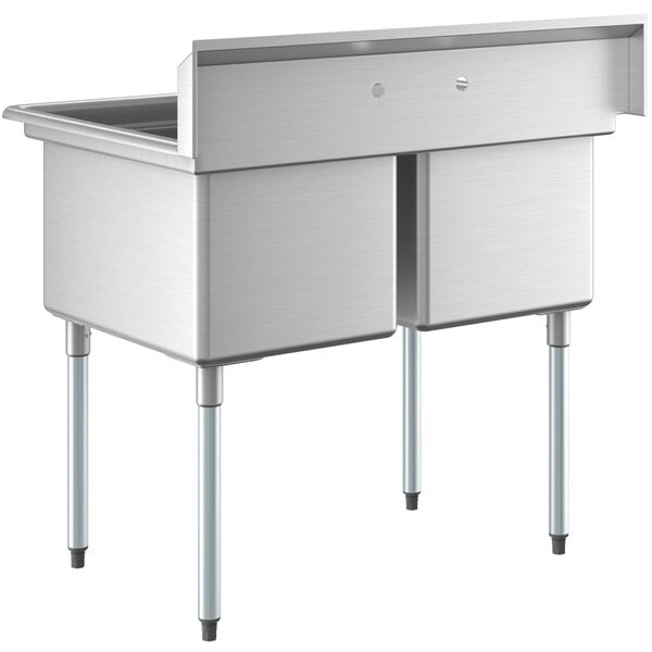 A stainless steel two compartment commercial sink with galvanized steel legs and deep bowls.
