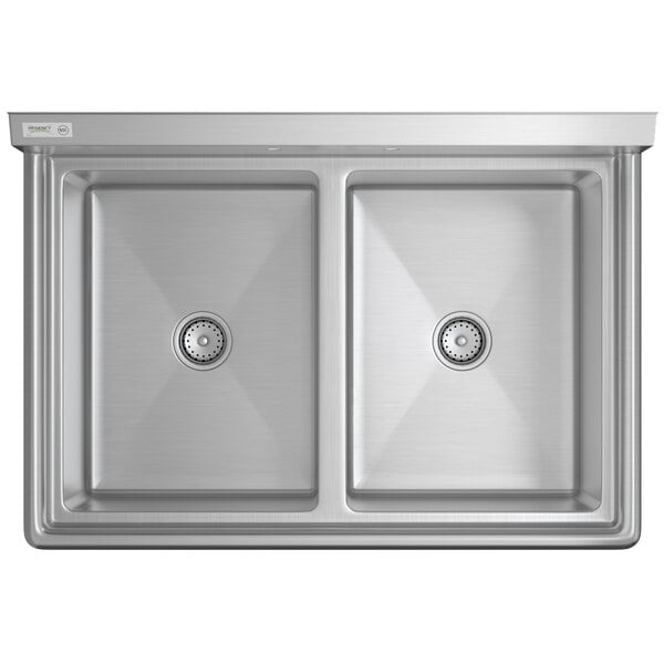 A stainless steel two-compartment commercial sink with rectangular bowls and a backsplash.