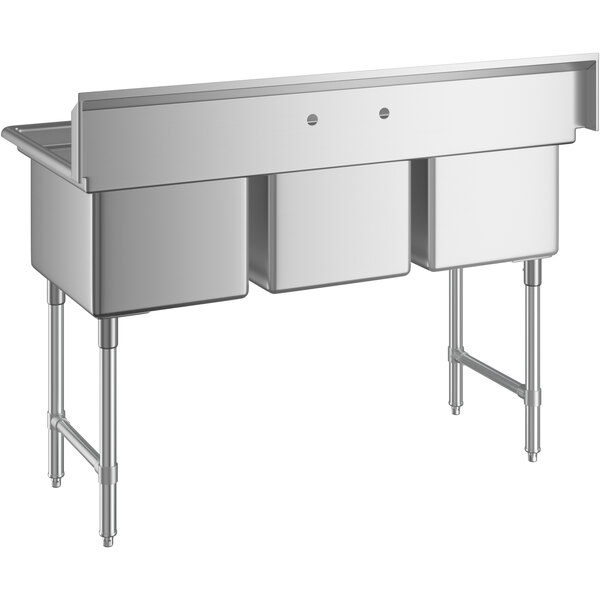 A stainless steel three compartment commercial sink with stainless steel legs and cross bracing.
