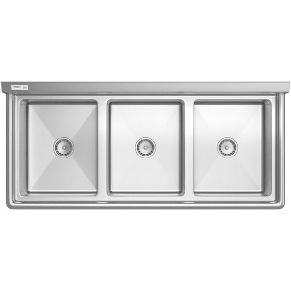 A stainless steel three-compartment commercial sink with rectangular bowls and a backsplash.