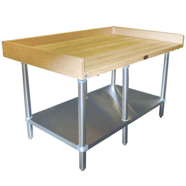 a wooden table with metal legs