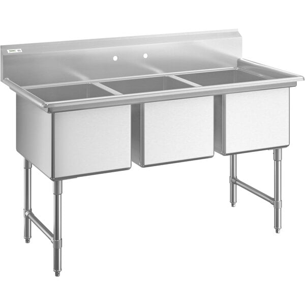 A stainless steel three compartment commercial sink with stainless steel legs and cross bracing.