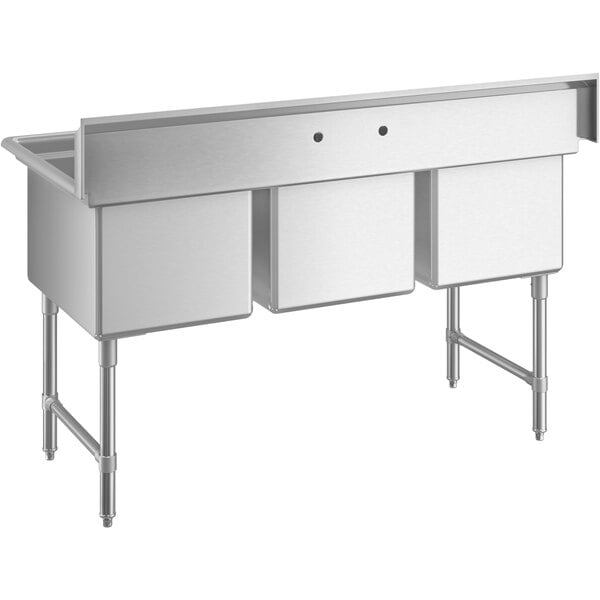A stainless steel three compartment commercial sink with stainless steel legs and cross bracing.