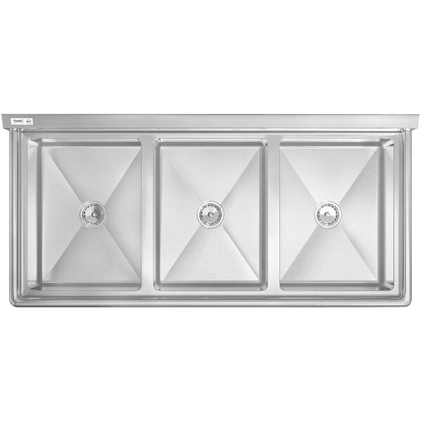 A stainless steel three-compartment commercial sink with rectangular bowls and a flat rim.