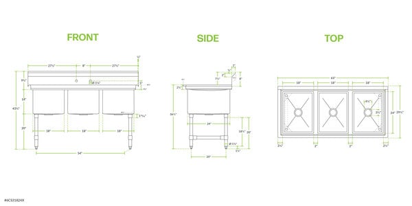 A technical drawing of a 63-inch stainless steel three-compartment commercial sink with stainless steel legs and cross bracing, featuring 18 x 24 x 14 inch bowls.