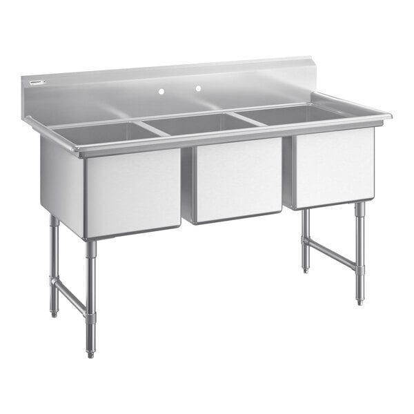 Regency 63" Three Compartment Commercial Sink with Stainless Steel Legs, Cross Bracing, and 18" x 24" x 14" Sink Bowls