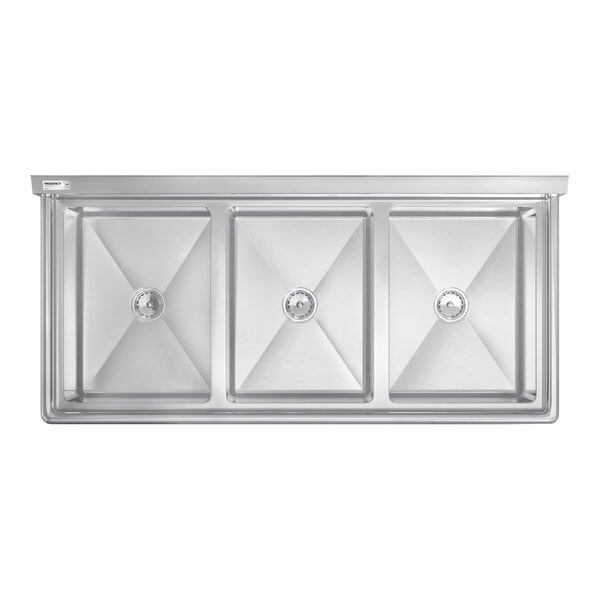 Regency 63" Three Compartment Commercial Sink with Stainless Steel Legs, Cross Bracing, and 18" x 24" x 14" Sink Bowls