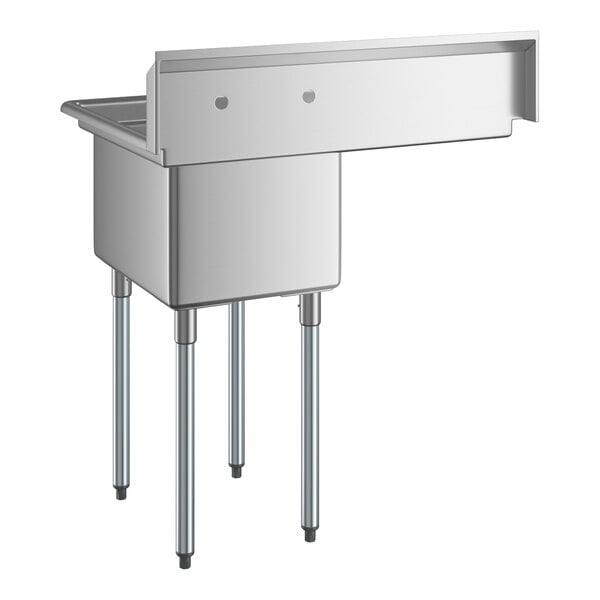 A stainless steel commercial sink with four metal legs, a single deep basin, and an attached left-side drainboard.
